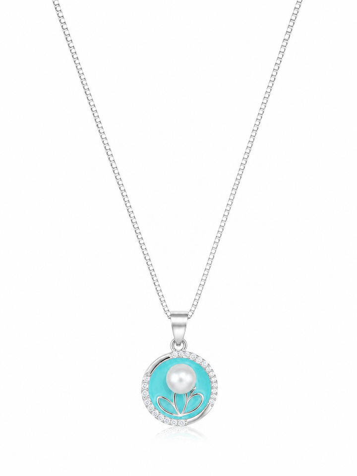 925 Sterling Silver Turquoise Round Halo Pendant Necklace - Silver Finish - front view