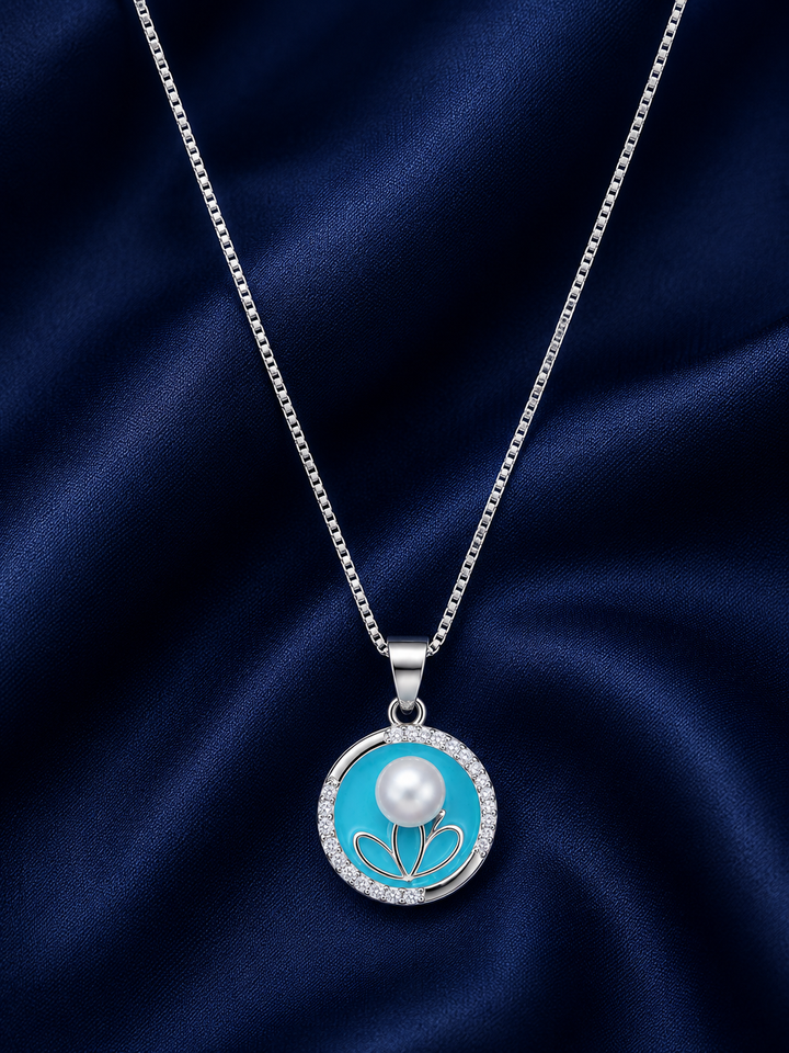 925 Sterling Silver Turquoise Round Halo Pendant Necklace - Silver Finish - alternate view