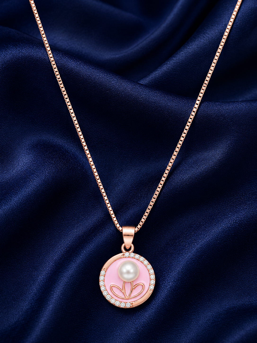 925 Sterling Silver Pink Round Halo Pendant Necklace - Rose Gold Finish - front view