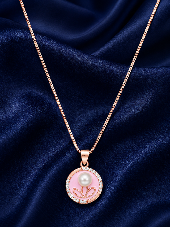 925 Sterling Silver Pink Round Halo Pendant Necklace - Rose Gold Finish - front view