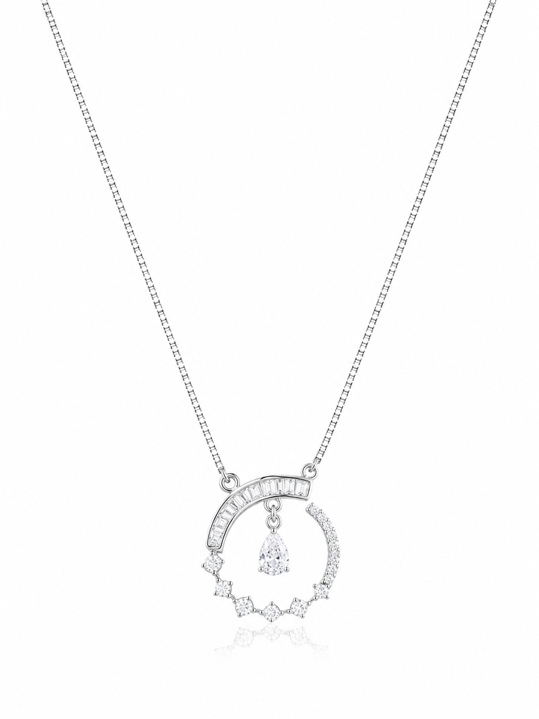 925 Sterling Silver Circular Halo Pendant Necklace - Silver Finish - front view