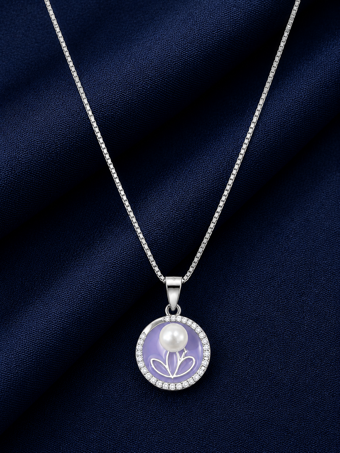 925 Sterling Silver Purple Oval Drop Pendant Necklace - Silver Finish - front view