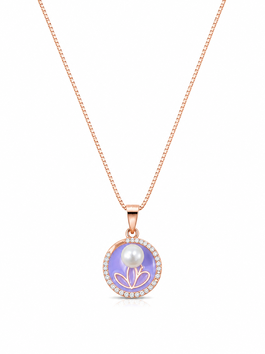 925 Sterling Silver Purple Round Halo Pendant Necklace - Rose Gold Finish - front view