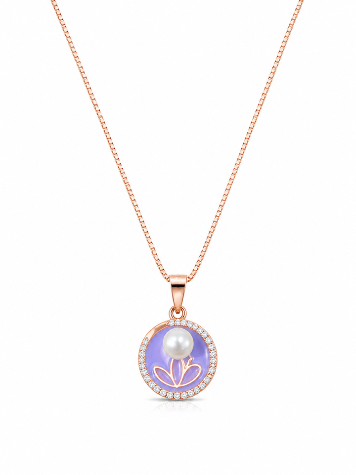 925 Sterling Silver Purple Round Halo Pendant Necklace - Rose Gold Finish - front view