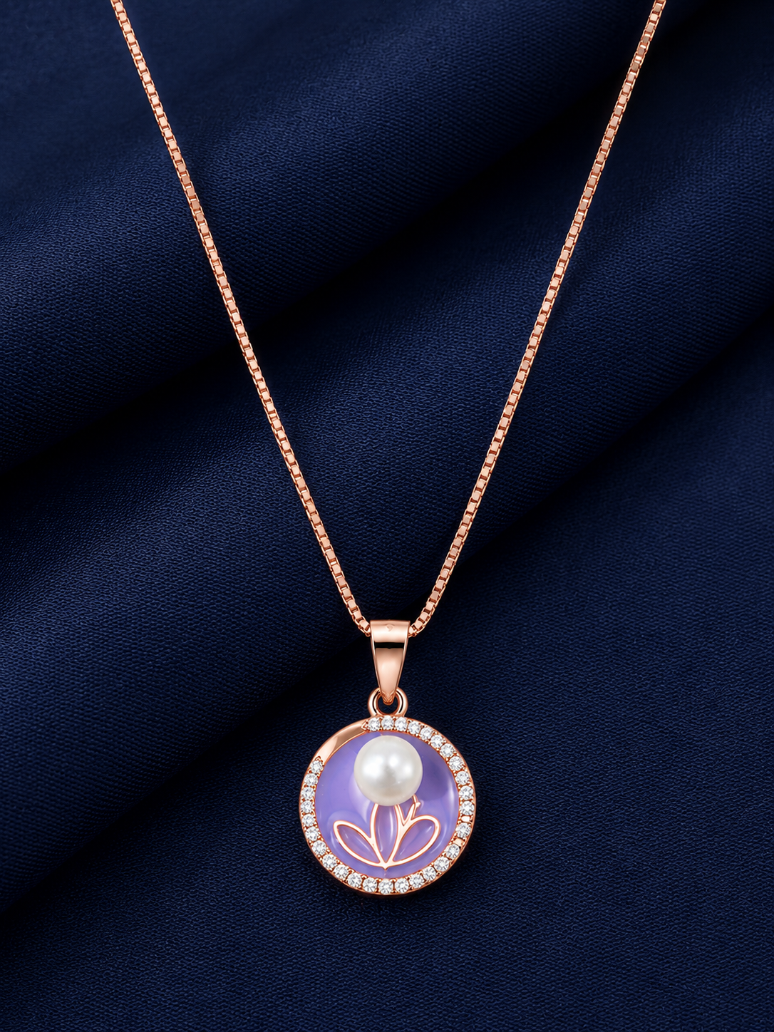 925 Sterling Silver Purple Round Halo Pendant Necklace - Rose Gold Finish - alternate view