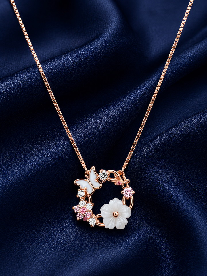 925 Sterling Silver Round Floral Halo Pendant Necklace - Rose Gold Finish - front view