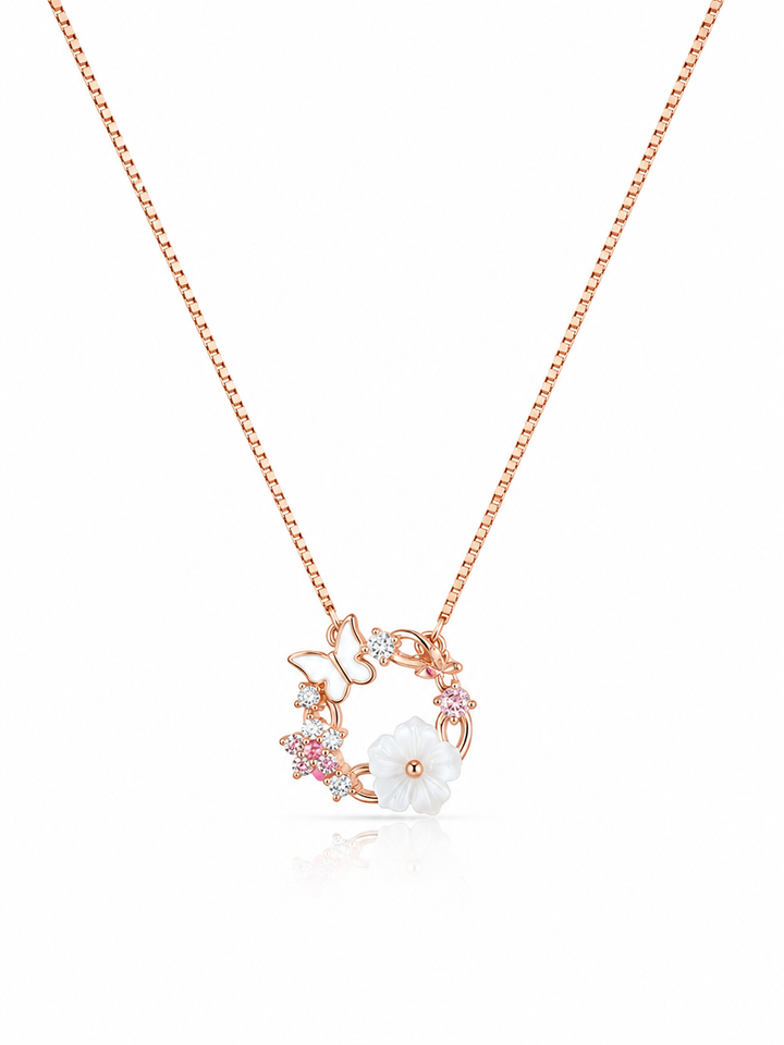 925 Sterling Silver Round Floral Halo Pendant Necklace - Rose Gold Finish - alternate view
