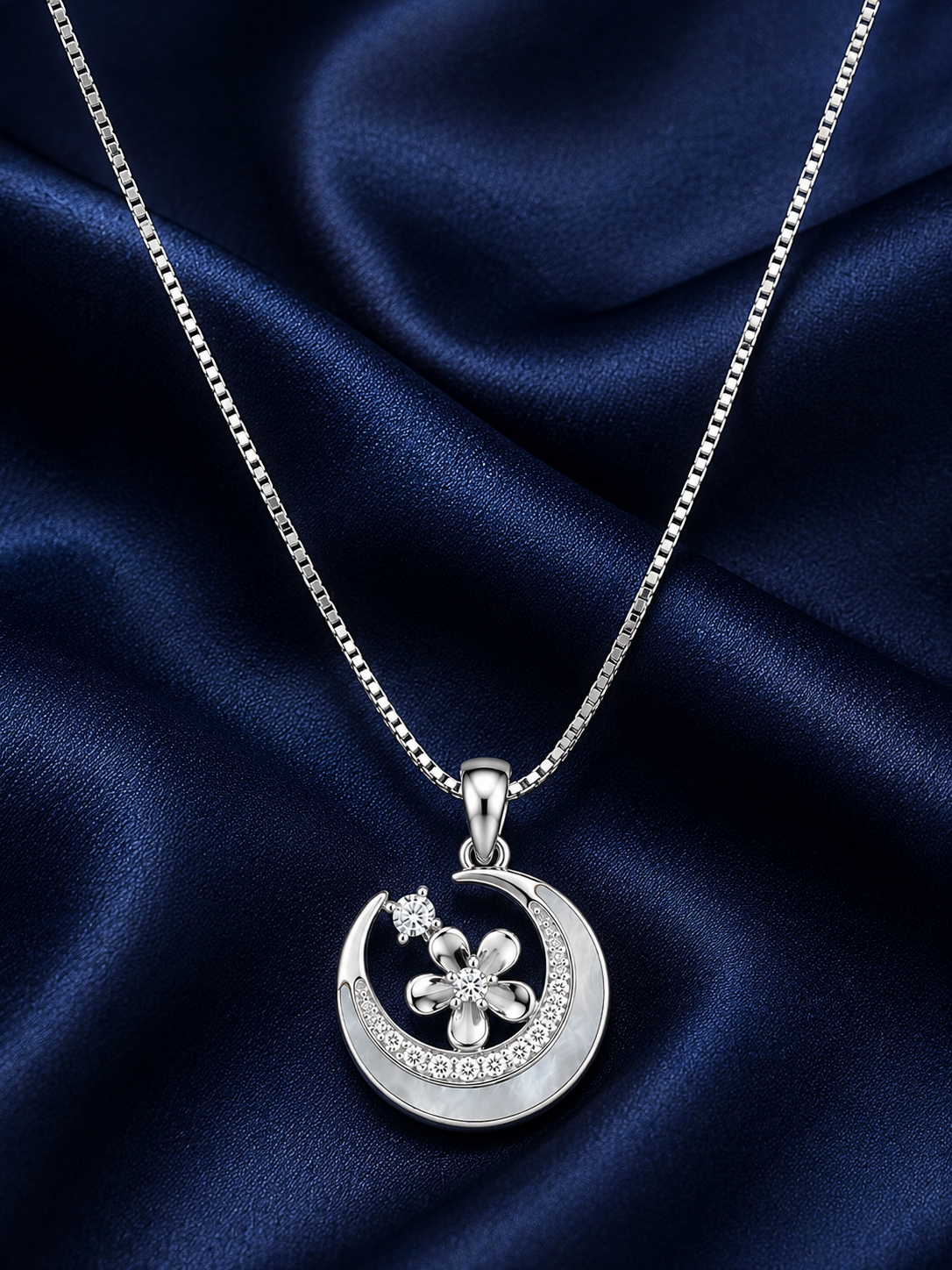 925 Sterling Silver Crescent Moon & Star Pendant Necklace - Silver Finish - front view