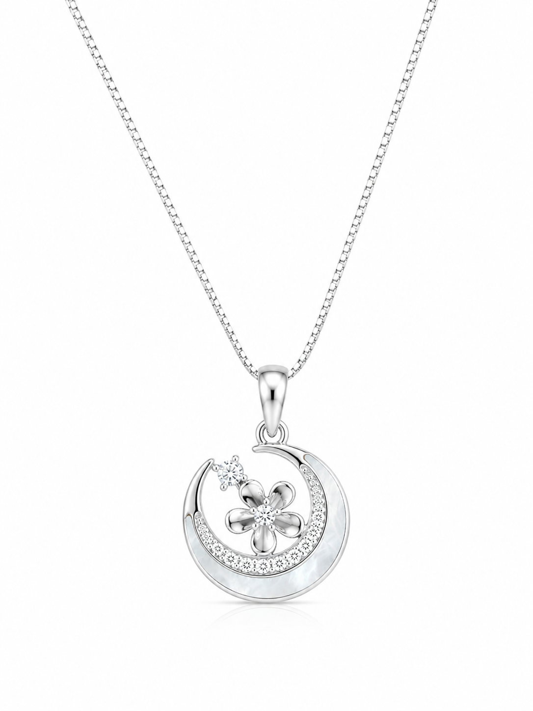 925 Sterling Silver Crescent Moon & Star Pendant Necklace - Silver Finish - alternate view
