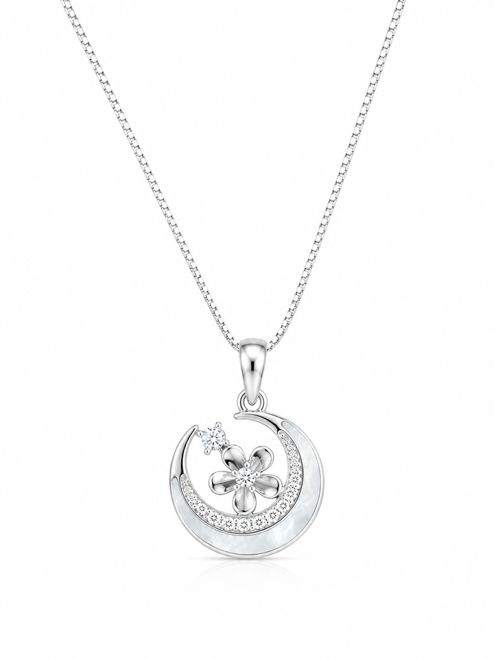 925 Sterling Silver Crescent Moon & Star Pendant Necklace - Silver Finish - alternate view