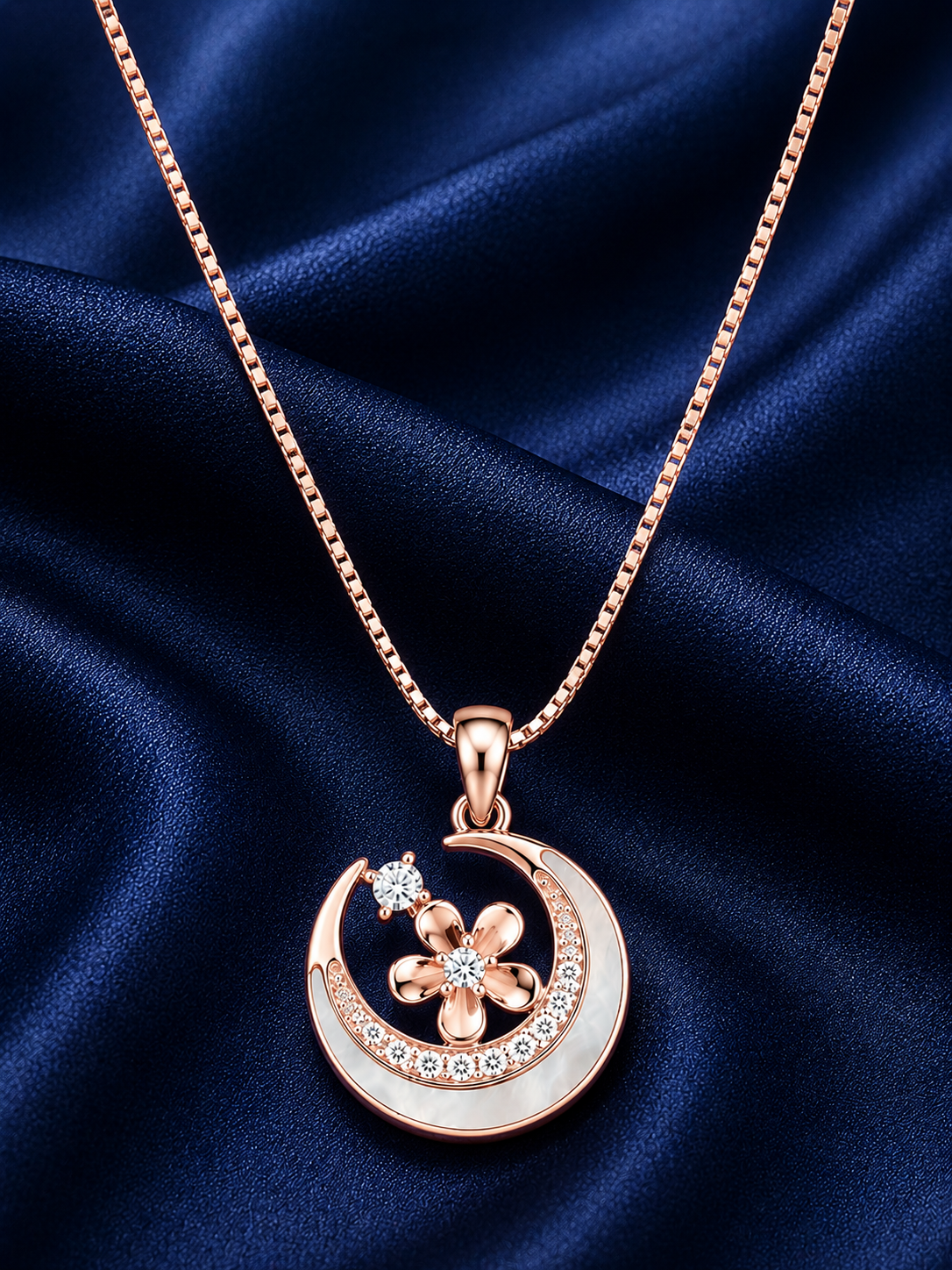 925 Sterling Silver Crescent Moon & Star Pendant Necklace - Rose Gold Finish - front view