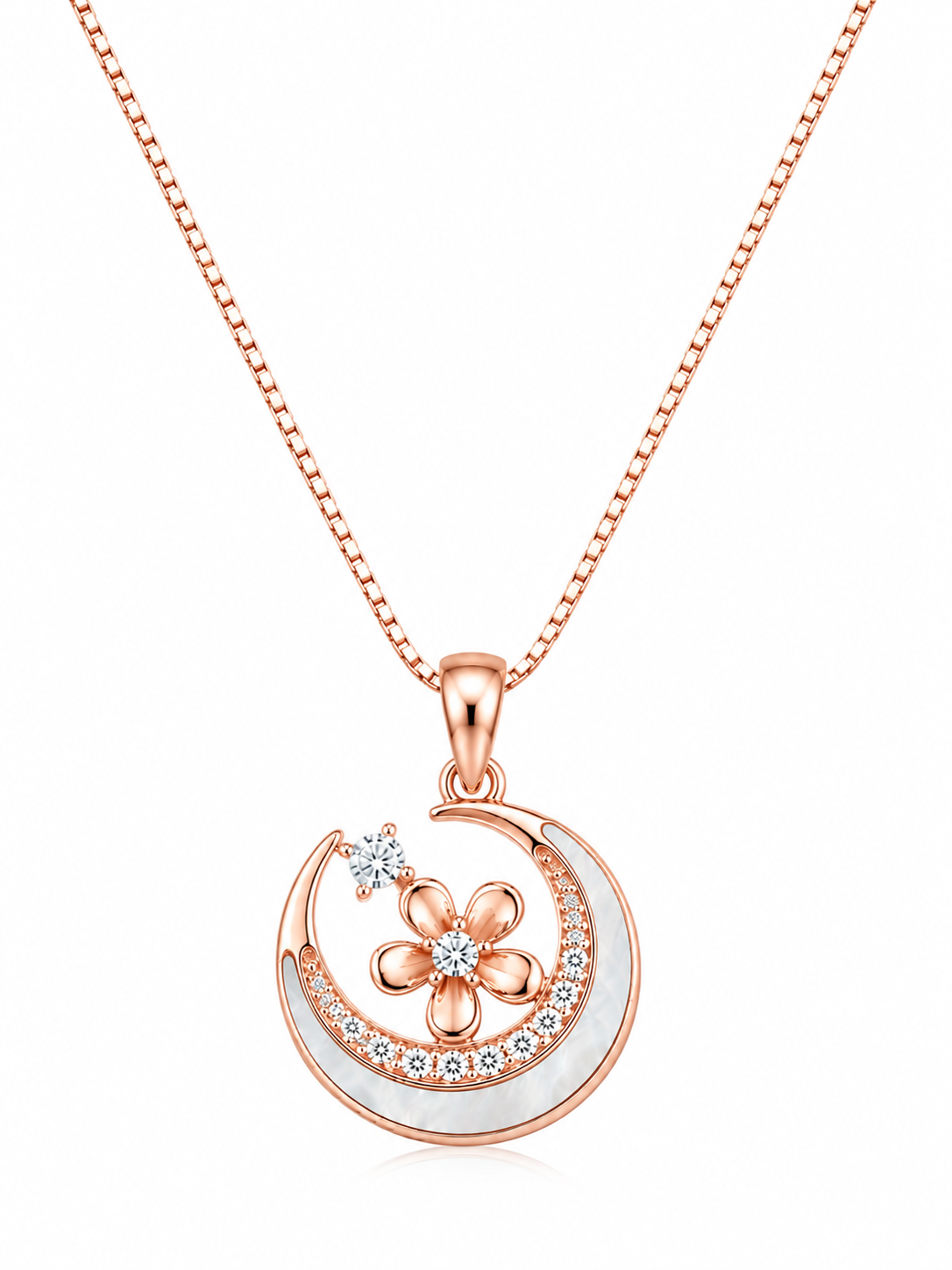 925 Sterling Silver Crescent Moon & Star Pendant Necklace - Rose Gold Finish - alternate view