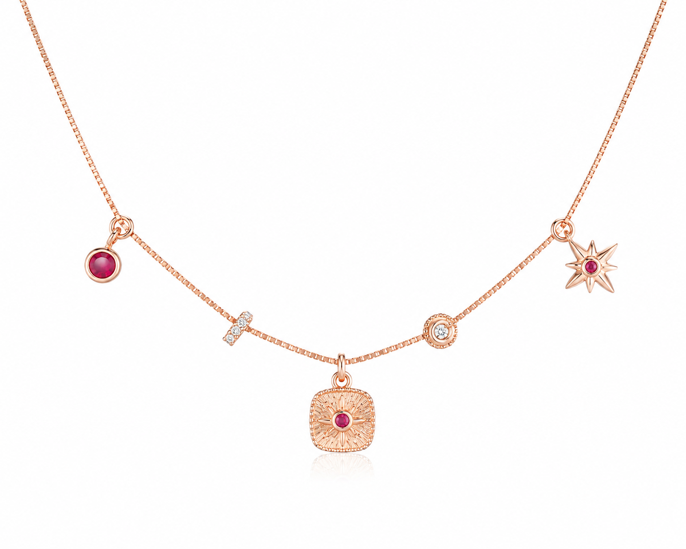 925 Sterling Silver Charm Station Pendant Necklace - Rose Gold Finish - front view