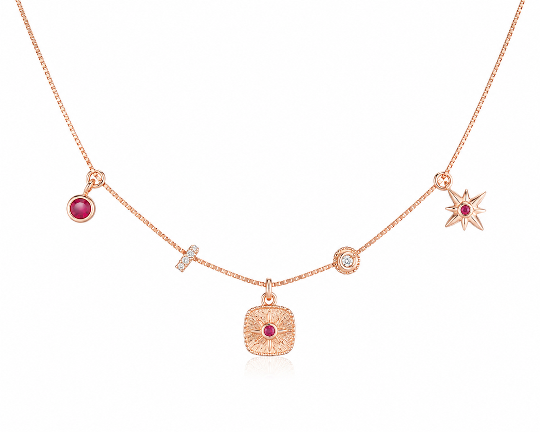 925 Sterling Silver Charm Station Pendant Necklace - Rose Gold Finish - front view