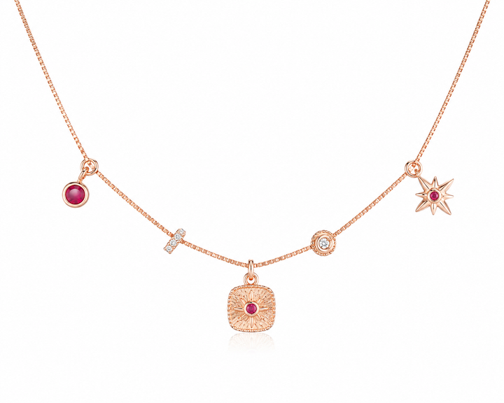 925 Sterling Silver Charm Station Pendant Necklace - Rose Gold Finish - front view