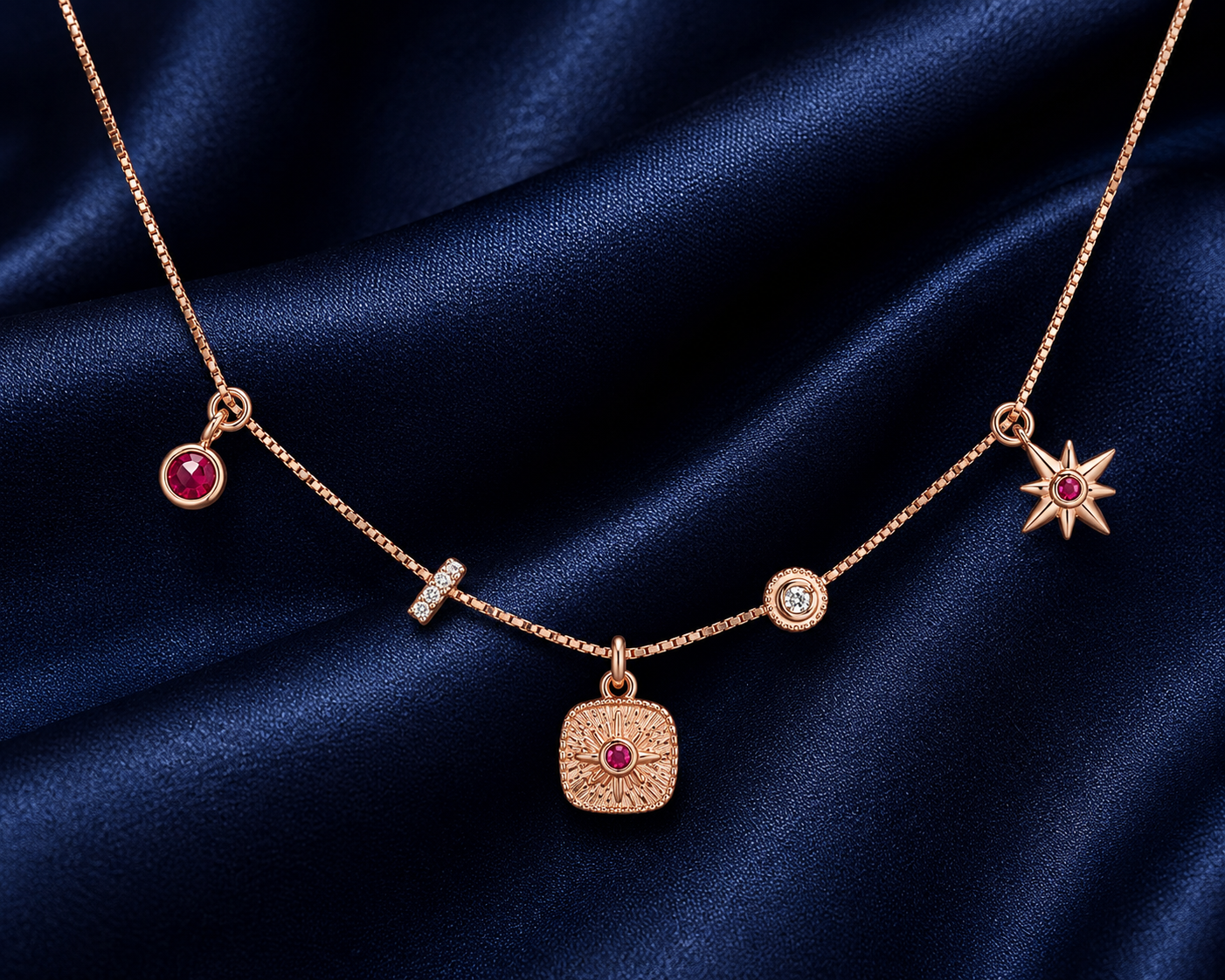 925 Sterling Silver Charm Station Pendant Necklace - Rose Gold Finish - alternate view
