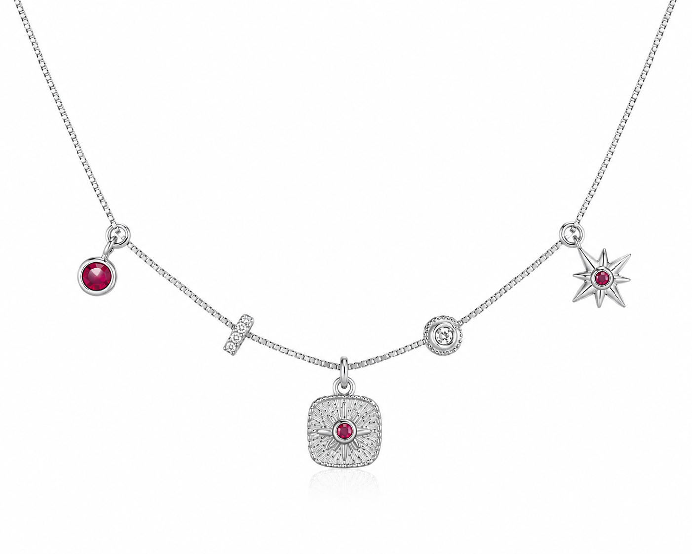 925 Sterling Silver Charm Station Pendant Necklace - Silver Finish - front view