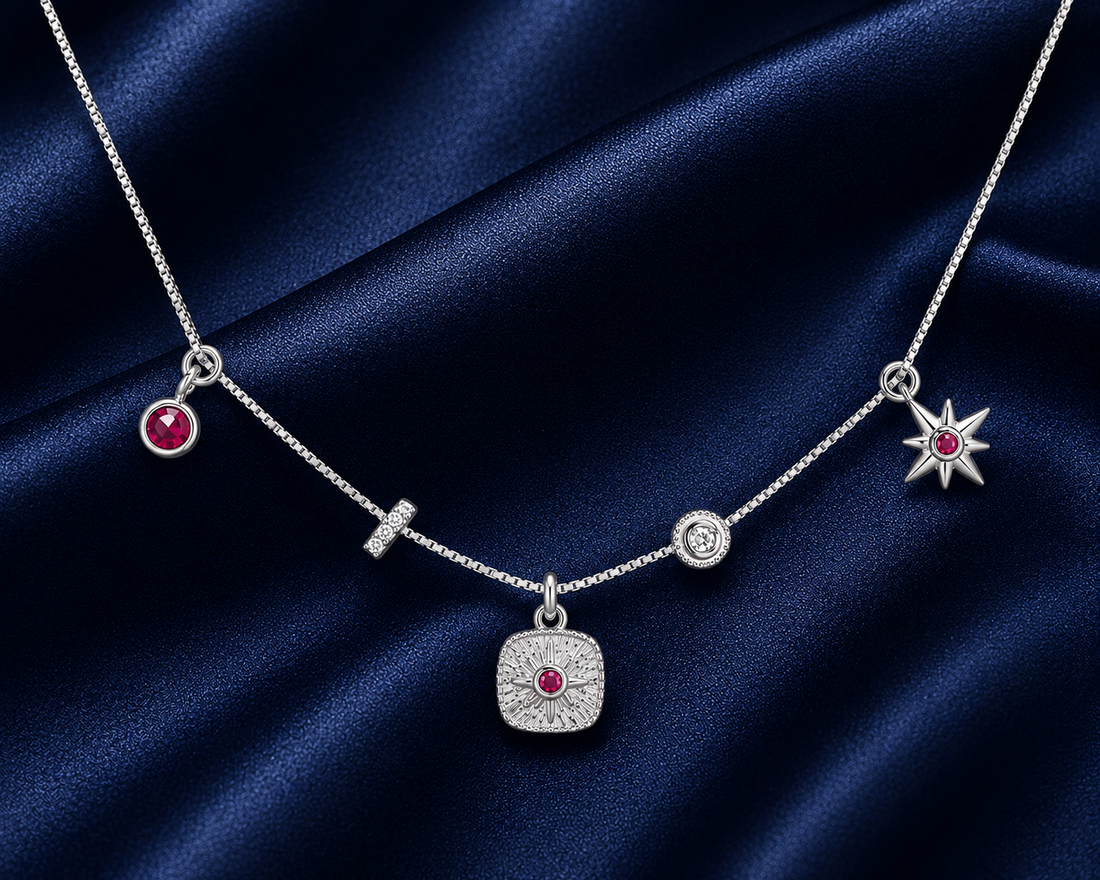 925 Sterling Silver Charm Station Pendant Necklace - Silver Finish - alternate view
