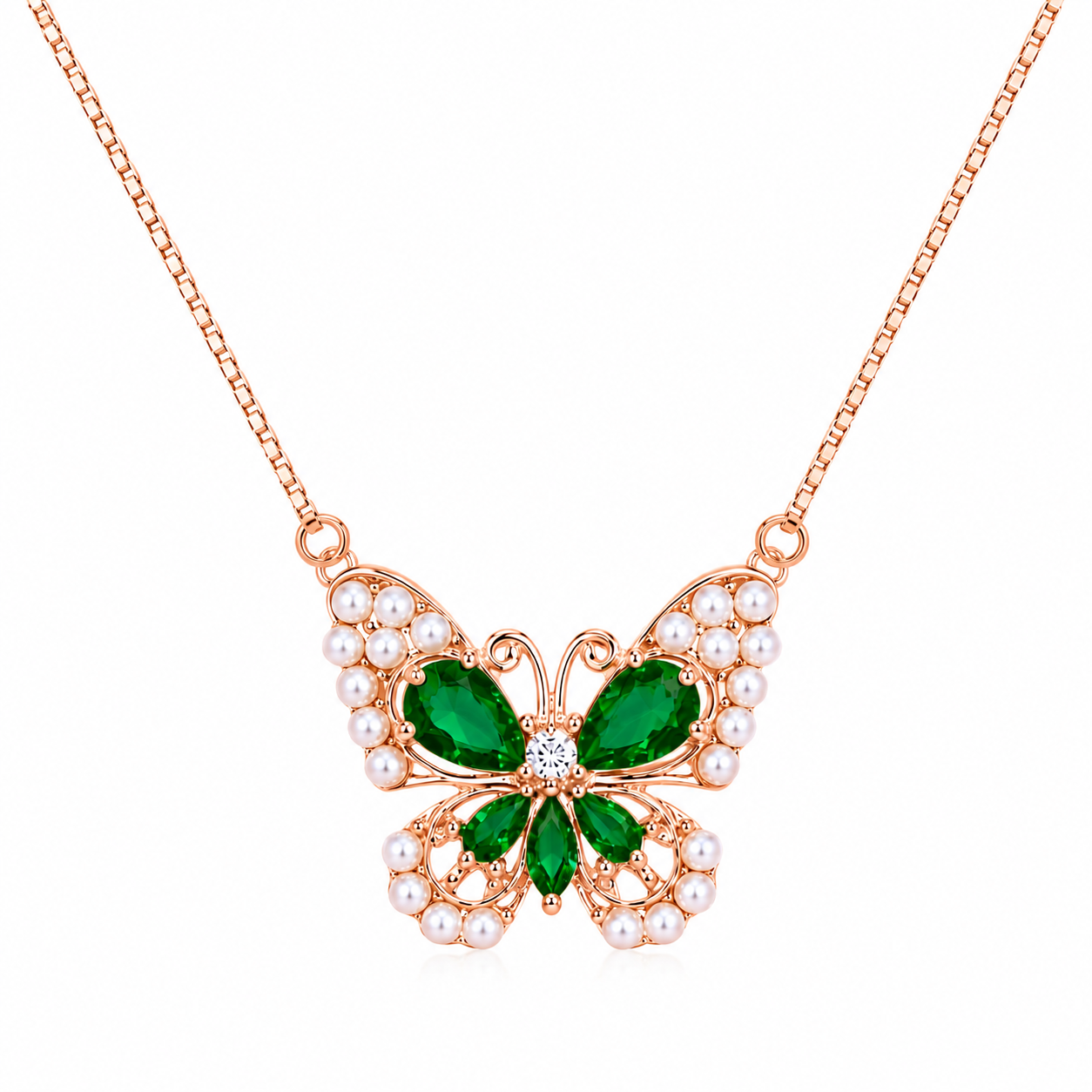 925 Sterling Silver Green Butterfly Pendant Necklace - Rose Gold Finish - front view
