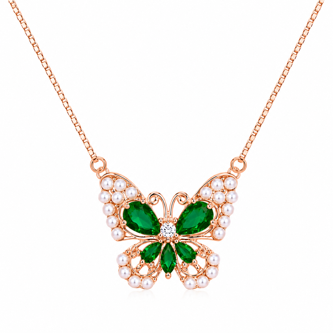 925 Sterling Silver Green Butterfly Pendant Necklace - Rose Gold Finish - front view