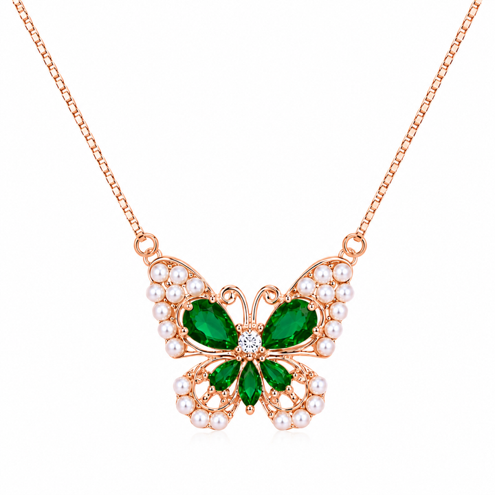 925 Sterling Silver Green Butterfly Pendant Necklace - Rose Gold Finish - front view