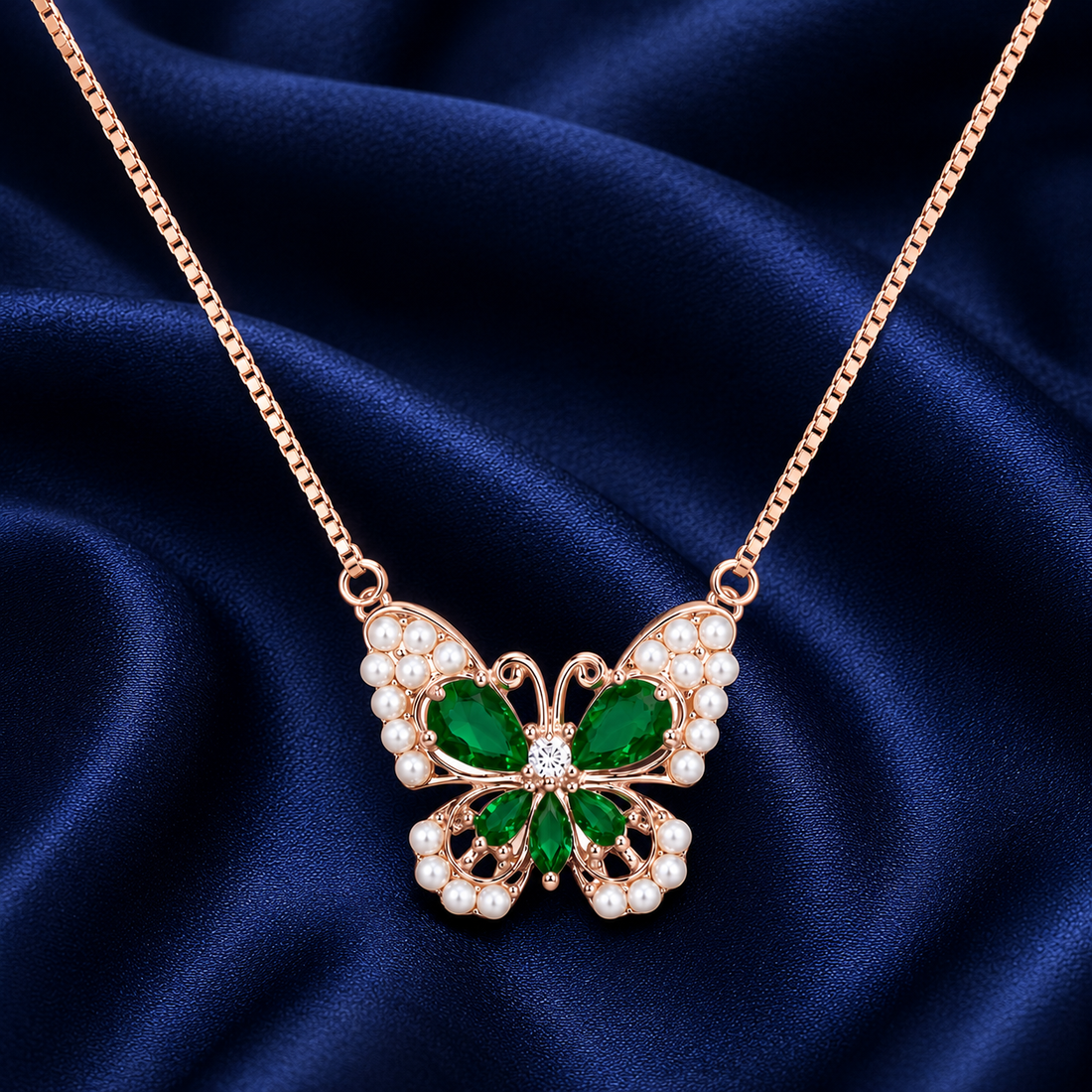 925 Sterling Silver Green Butterfly Pendant Necklace - Rose Gold Finish - alternate view