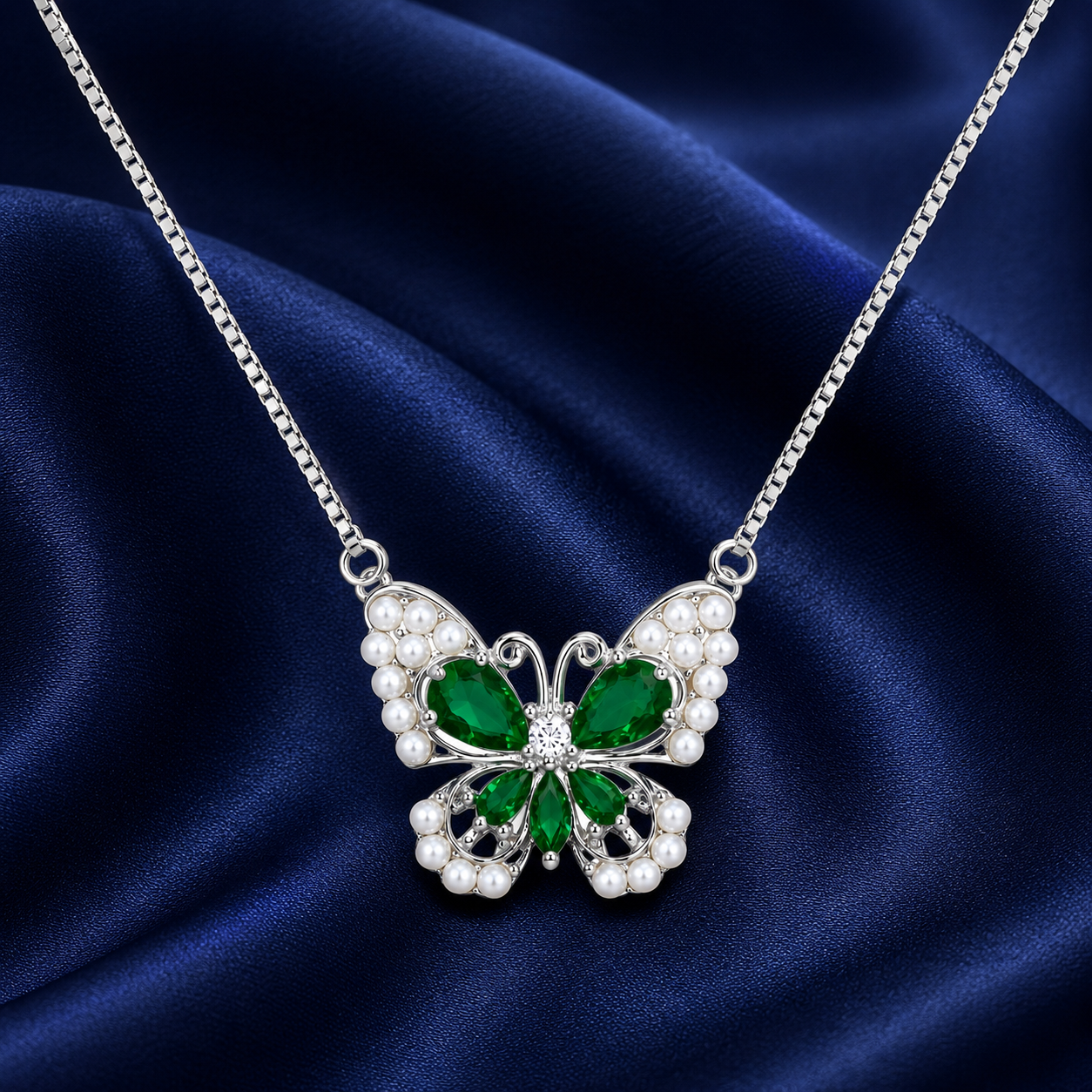 925 Sterling Silver Green Butterfly Pendant Necklace - Silver Finish - front view