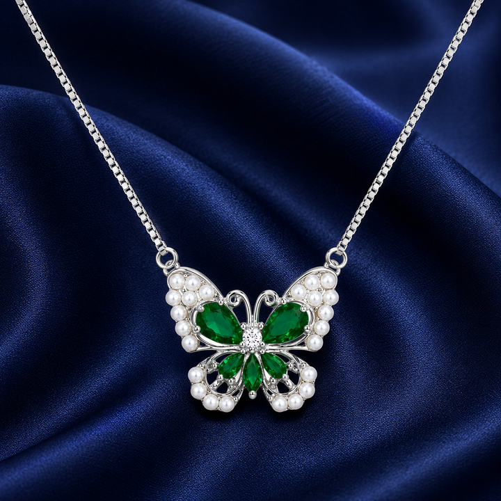925 Sterling Silver Green Butterfly Pendant Necklace - Silver Finish - front view