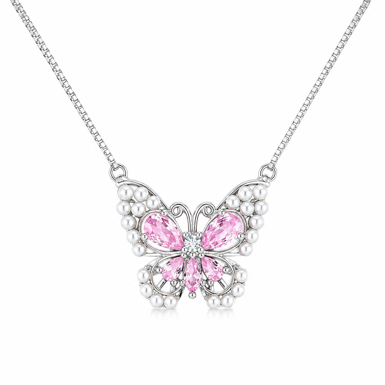 925 Sterling Silver Pink Butterfly Pendant Necklace - Silver Finish - front view