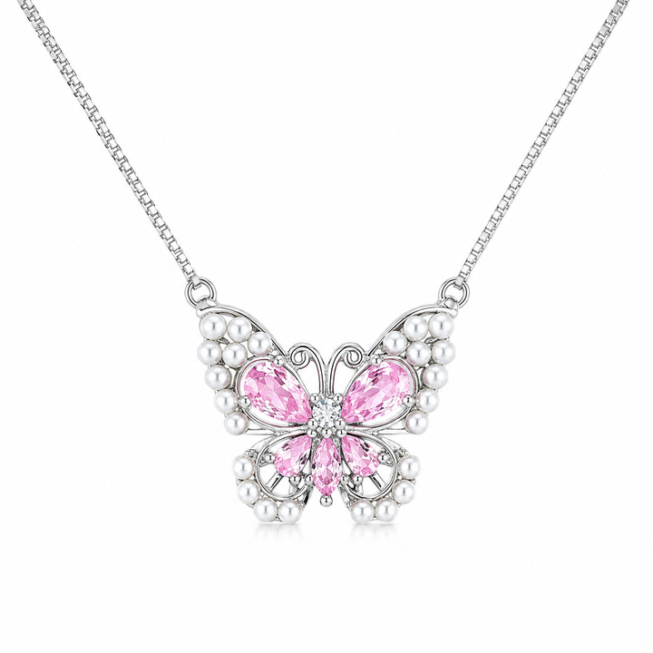 925 Sterling Silver Pink Butterfly Pendant Necklace - Silver Finish - front view