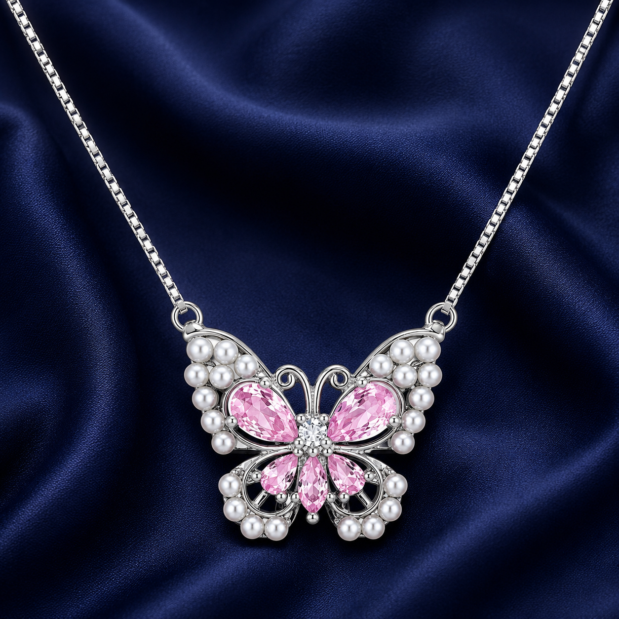 925 Sterling Silver Pink Butterfly Pendant Necklace - Silver Finish - alternate view