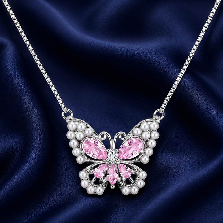 925 Sterling Silver Pink Butterfly Pendant Necklace - Silver Finish - alternate view