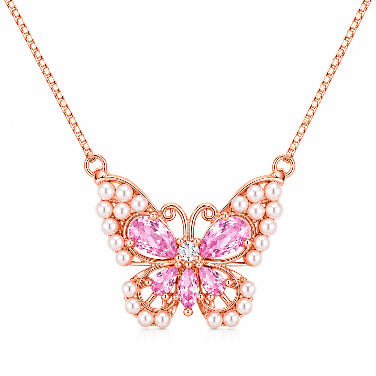 925 Sterling Silver Pink Butterfly Pendant Necklace - Rose Gold Finish - front view