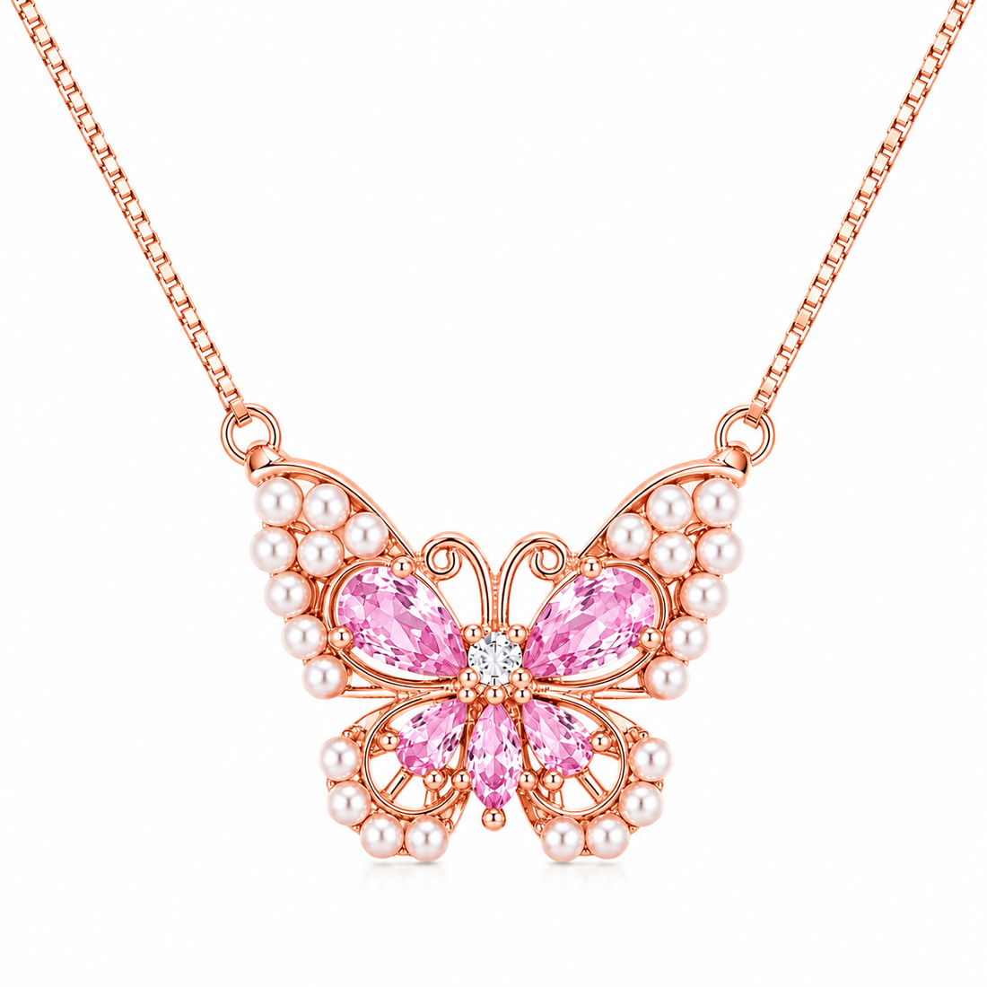925 Sterling Silver Pink Butterfly Pendant Necklace - Rose Gold Finish - front view