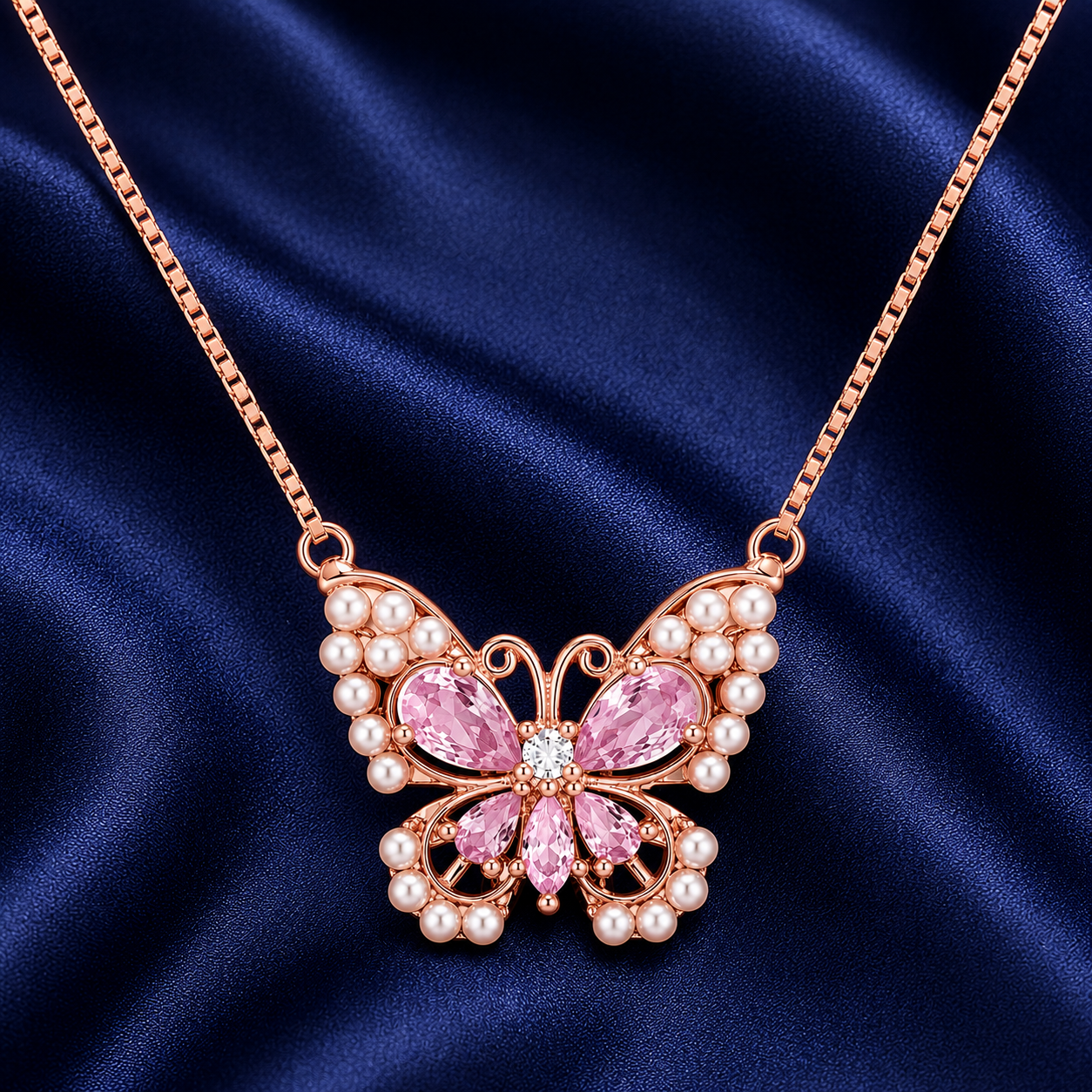 925 Sterling Silver Pink Butterfly Pendant Necklace - Rose Gold Finish - alternate view