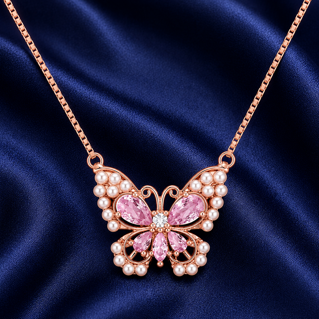 925 Sterling Silver Pink Butterfly Pendant Necklace - Rose Gold Finish - alternate view