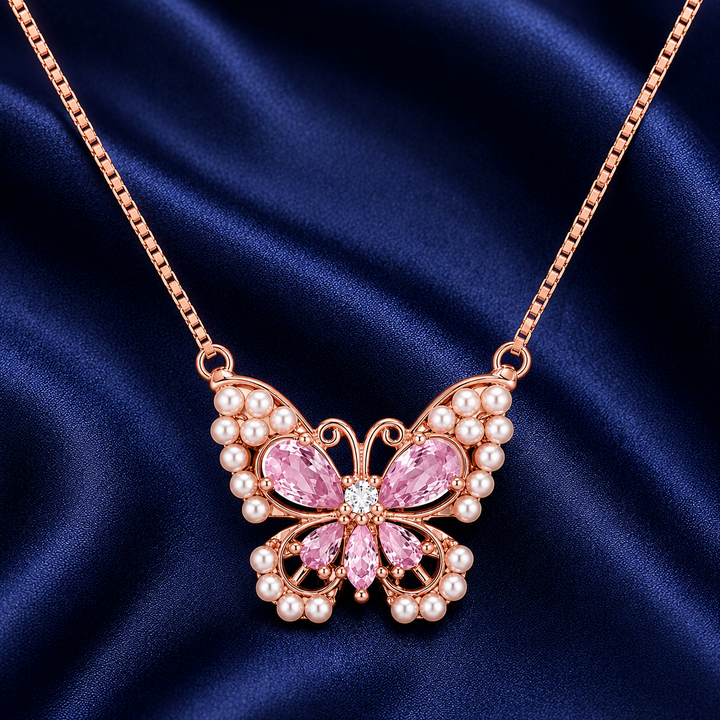 925 Sterling Silver Pink Butterfly Pendant Necklace - Rose Gold Finish - alternate view