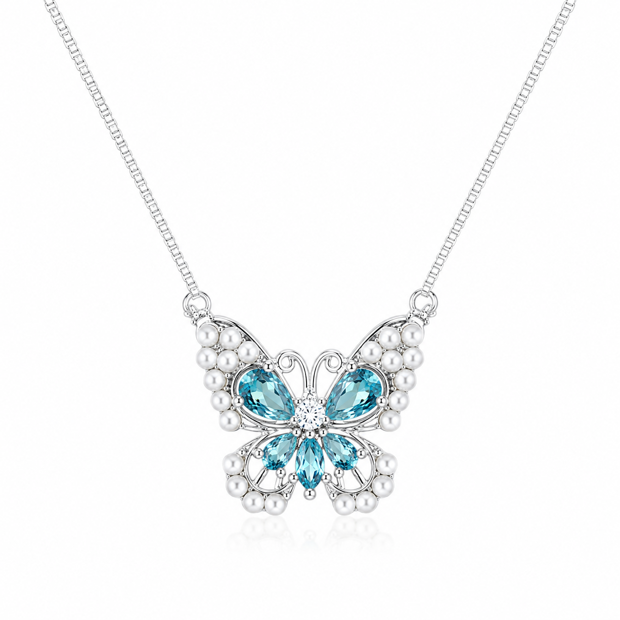 925 Sterling Silver Blue Butterfly Pendant Necklace - Silver Finish - front view