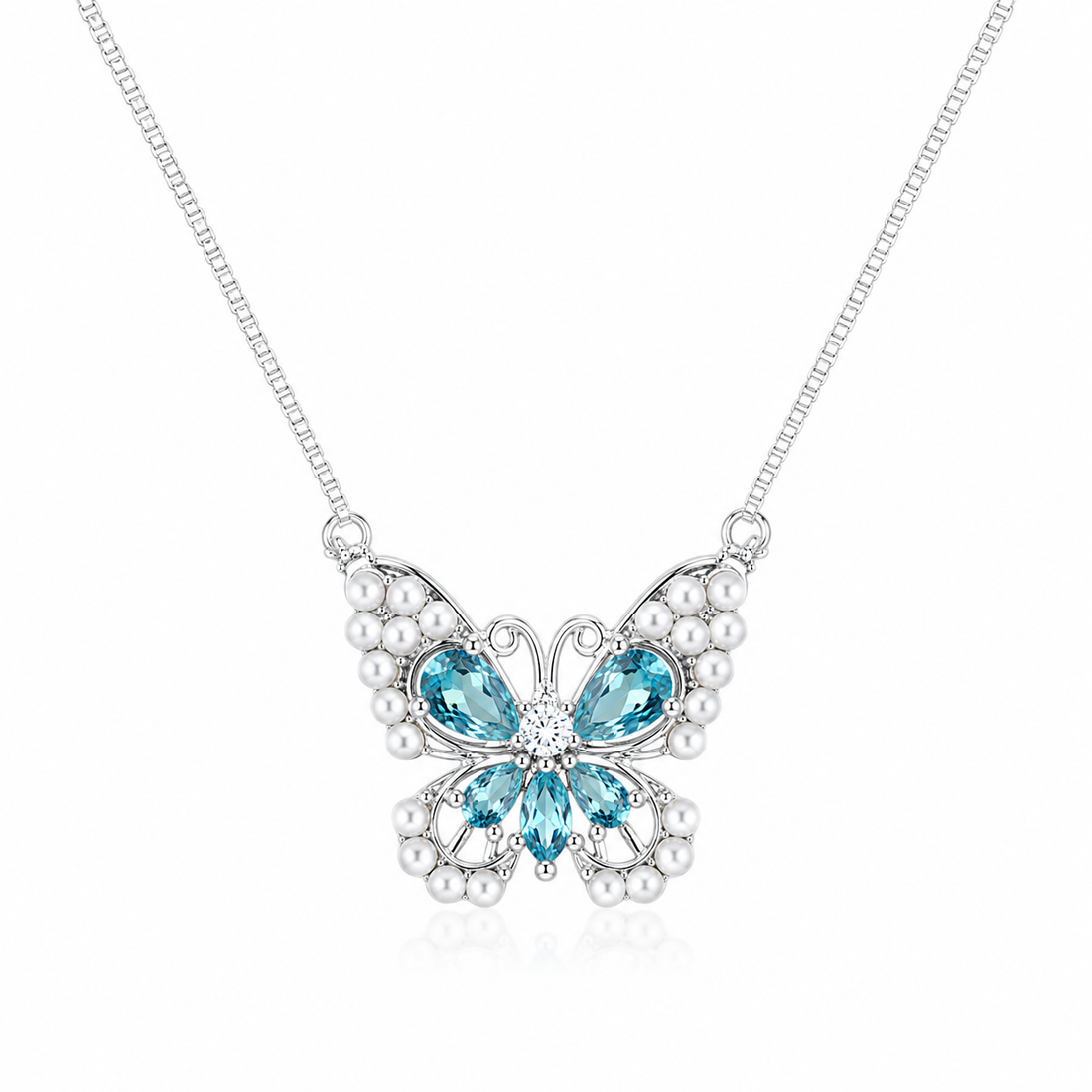 925 Sterling Silver Blue Butterfly Pendant Necklace - Silver Finish - front view
