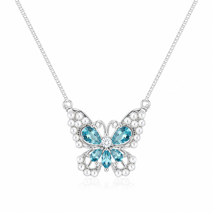 925 Sterling Silver Blue Butterfly Pendant Necklace - Silver Finish - front view