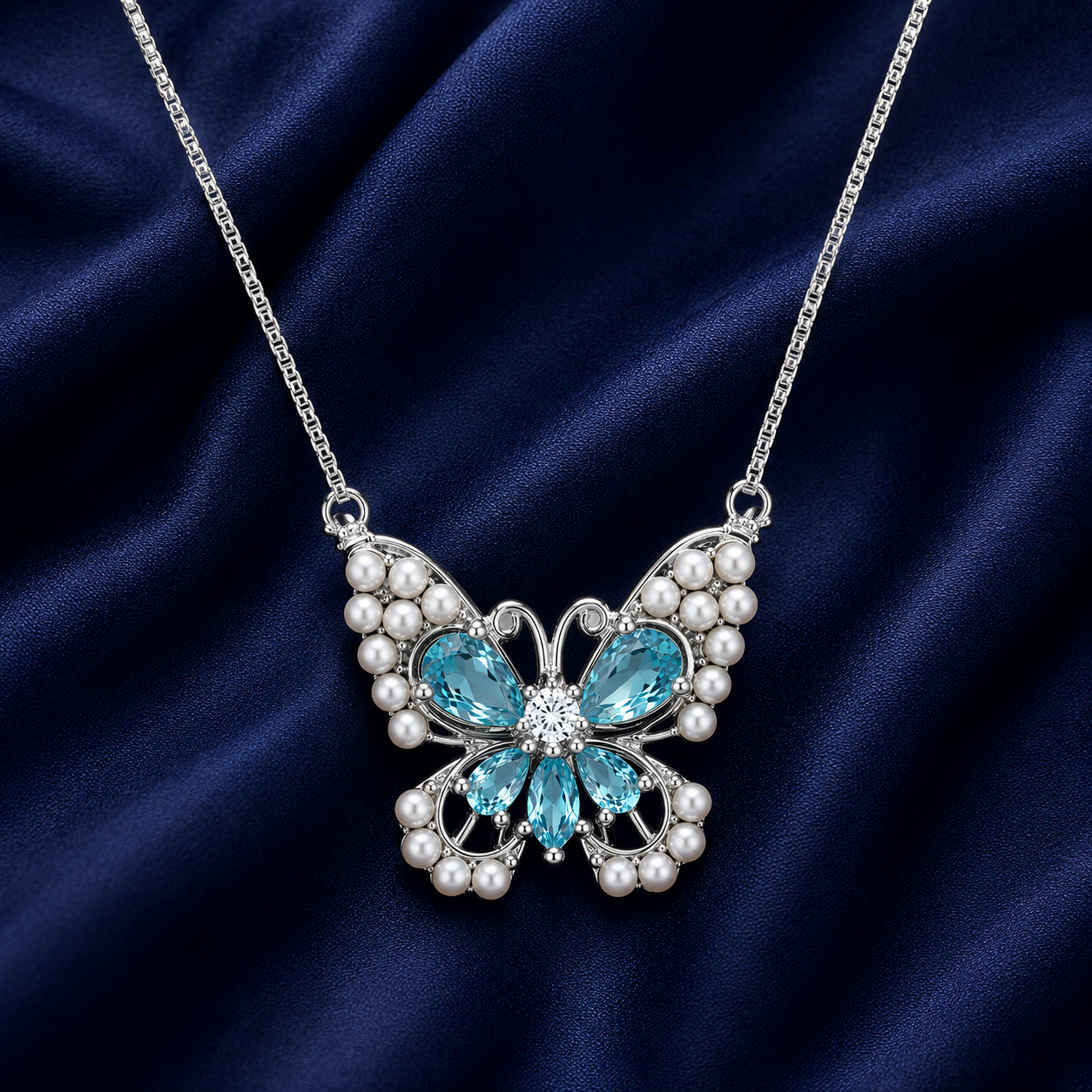 925 Sterling Silver Blue Butterfly Pendant Necklace - Silver Finish - alternate view