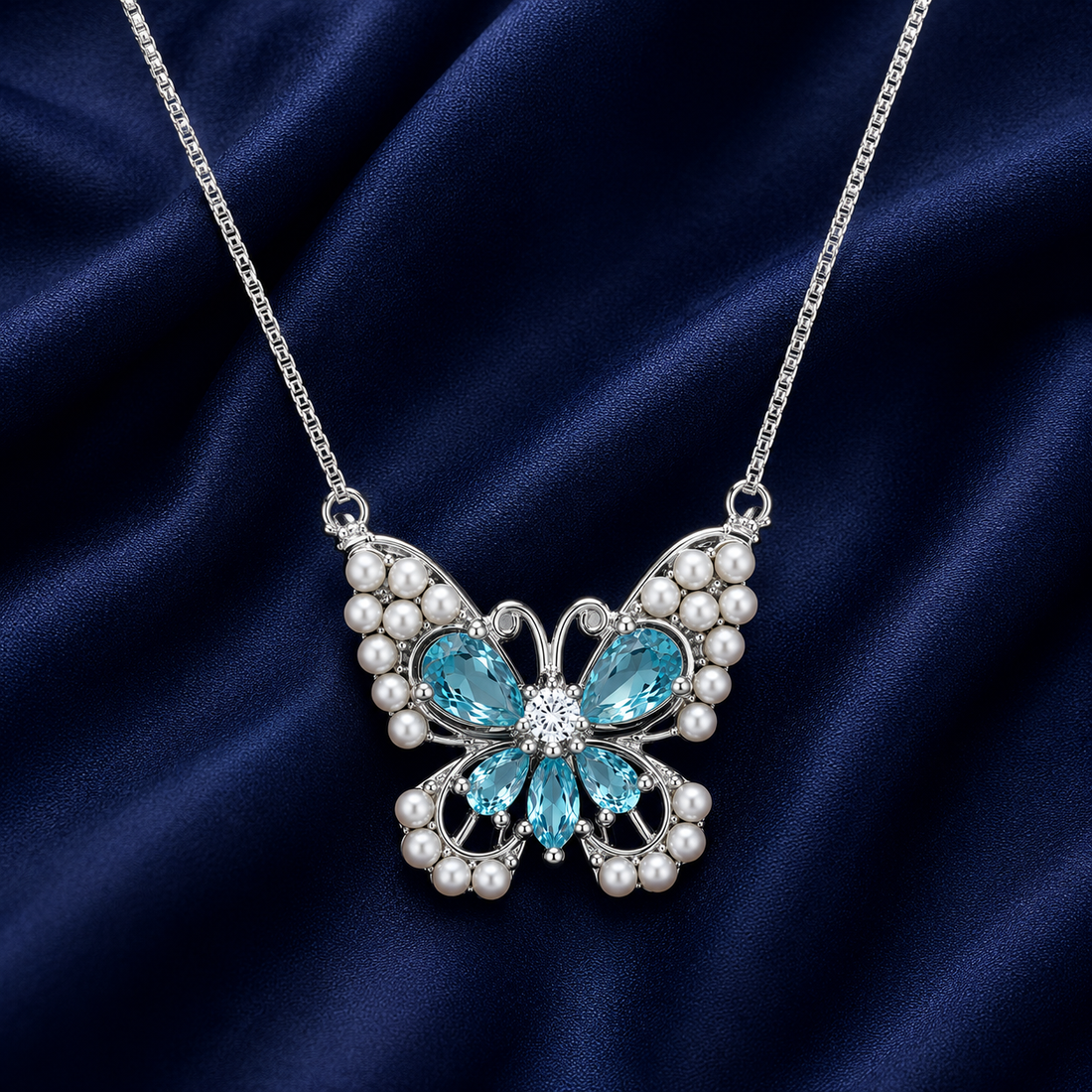 925 Sterling Silver Blue Butterfly Pendant Necklace - Silver Finish - alternate view