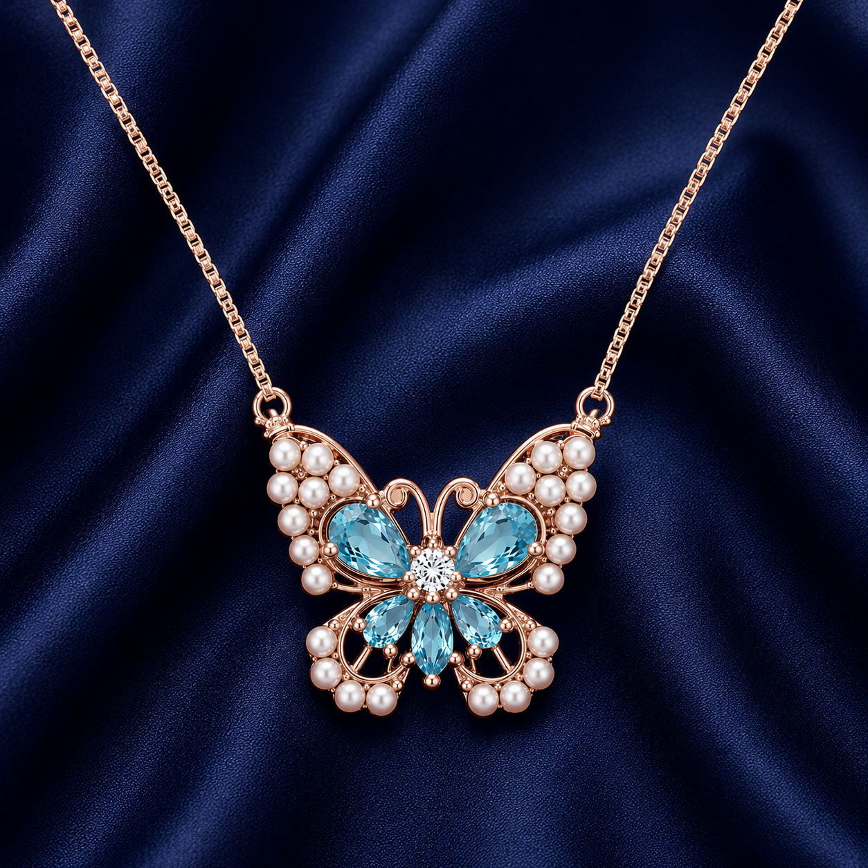 925 Sterling Silver Blue Butterfly Pendant Necklace - Rose Gold Finish - front view