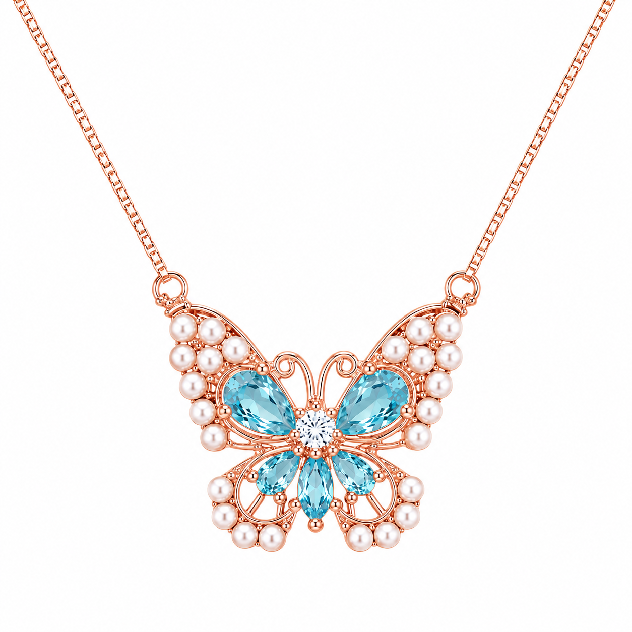 925 Sterling Silver Blue Butterfly Pendant Necklace - Rose Gold Finish - alternate view