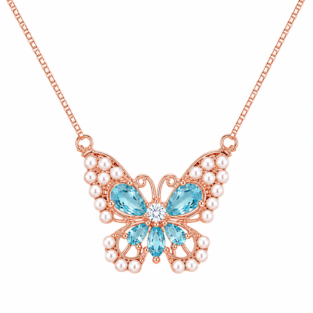 925 Sterling Silver Blue Butterfly Pendant Necklace - Rose Gold Finish - alternate view