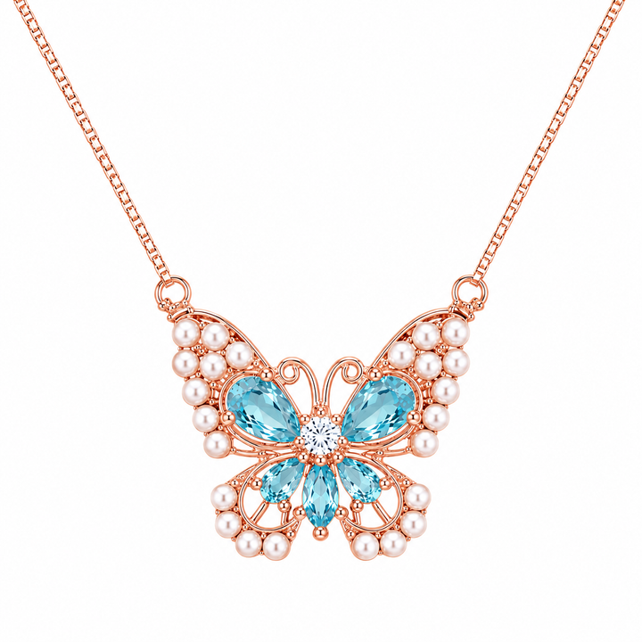 925 Sterling Silver Blue Butterfly Pendant Necklace - Rose Gold Finish - alternate view