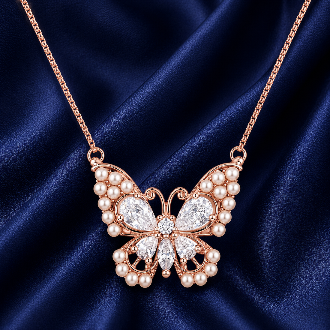 925 Sterling Silver White Butterfly Pendant Necklace - Rose Gold Finish - front view