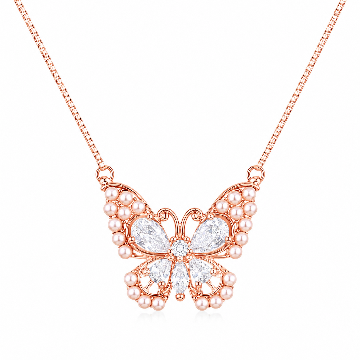 925 Sterling Silver White Butterfly Pendant Necklace - Rose Gold Finish - alternate view