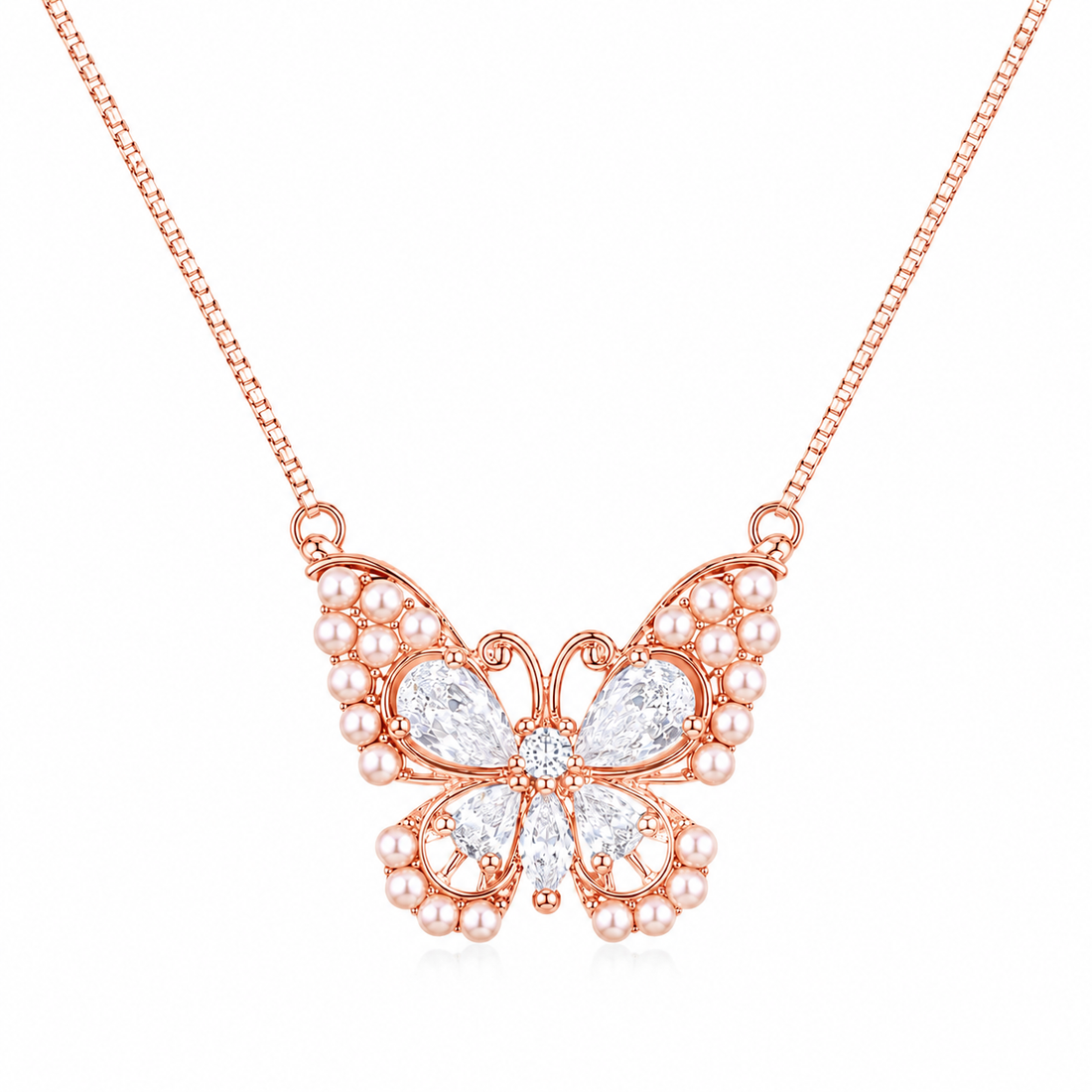 925 Sterling Silver White Butterfly Pendant Necklace - Rose Gold Finish - alternate view