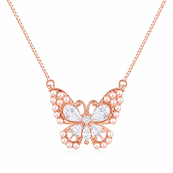 925 Sterling Silver White Butterfly Pendant Necklace - Rose Gold Finish - alternate view